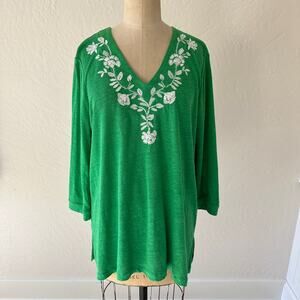 CHICOS Womens Embellished Linen Top Size L Kelly Green Floral Embroidered Tunic
